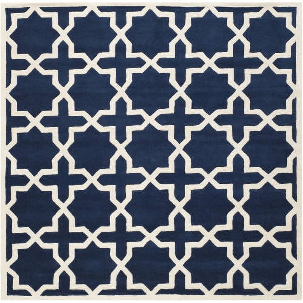 Hand-Tufted Dark Blue and Ivory Wool Geometric Rug, 5' x 5'