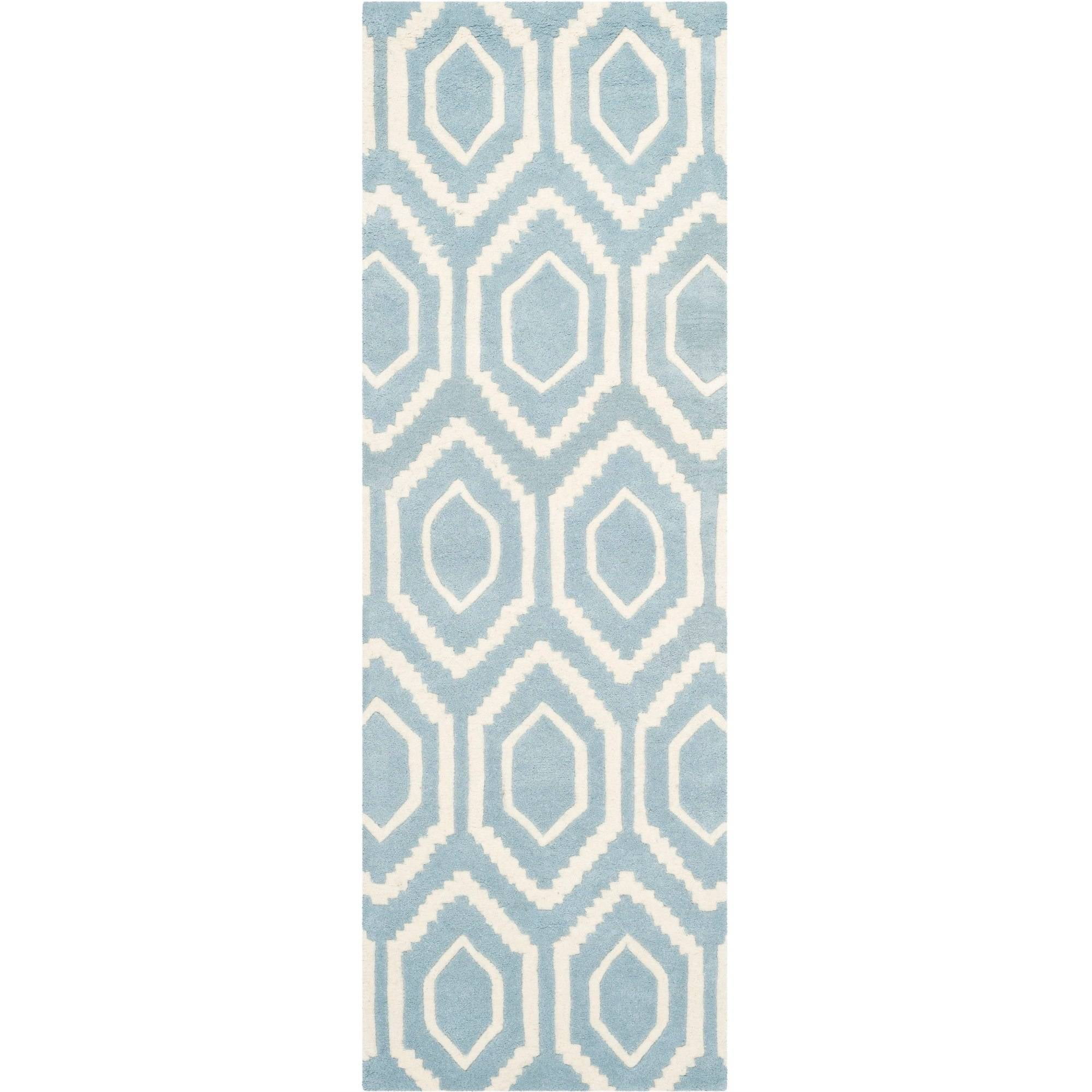 Blue and Ivory Geometric Wool Hand-Tufted Runner Rug