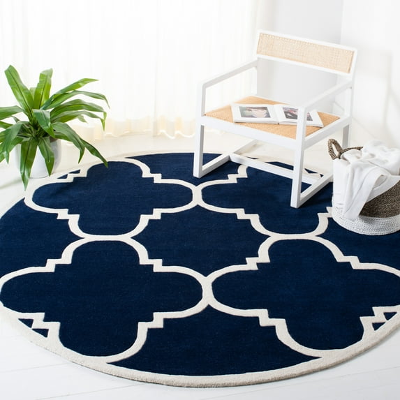 SAFAVIEH Chatham Hayden Geometric Wool Area Rug, Dark Blue/Ivory, 5' x 5' Round