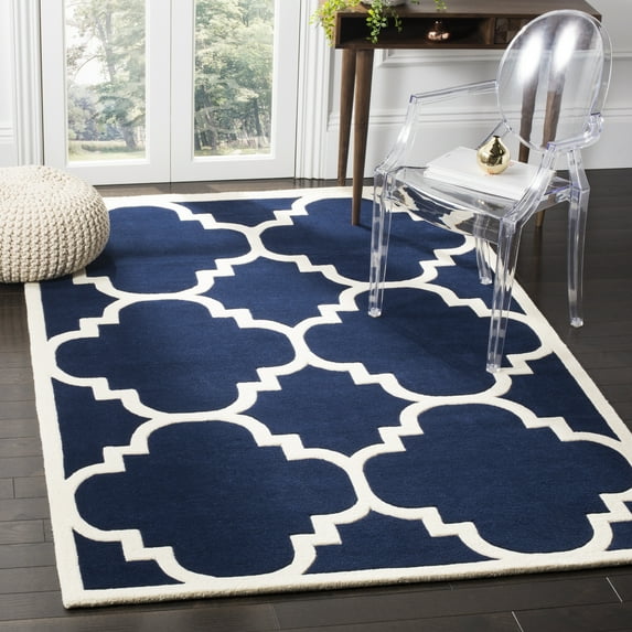 SAFAVIEH Chatham Hayden Geometric Wool Area Rug, Dark Blue/Ivory, 5' x 5' Square