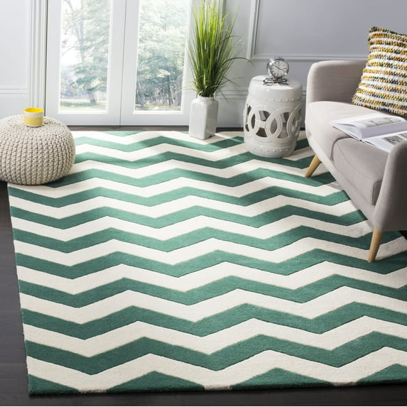 SAFAVIEH Chatham Jake Zigzag Stripes Wool Area Rug, Teal/Ivory, 6' x 9'