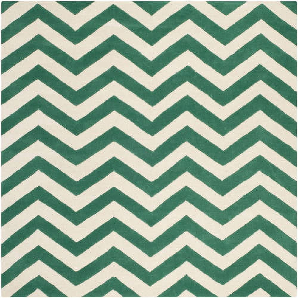 Teal and Ivory Hand-Tufted Wool Chevron Area Rug, 8' x 10'