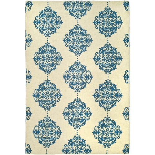 Ivory and Blue Floral Hand-Hooked Wool Area Rug 4' x 6'