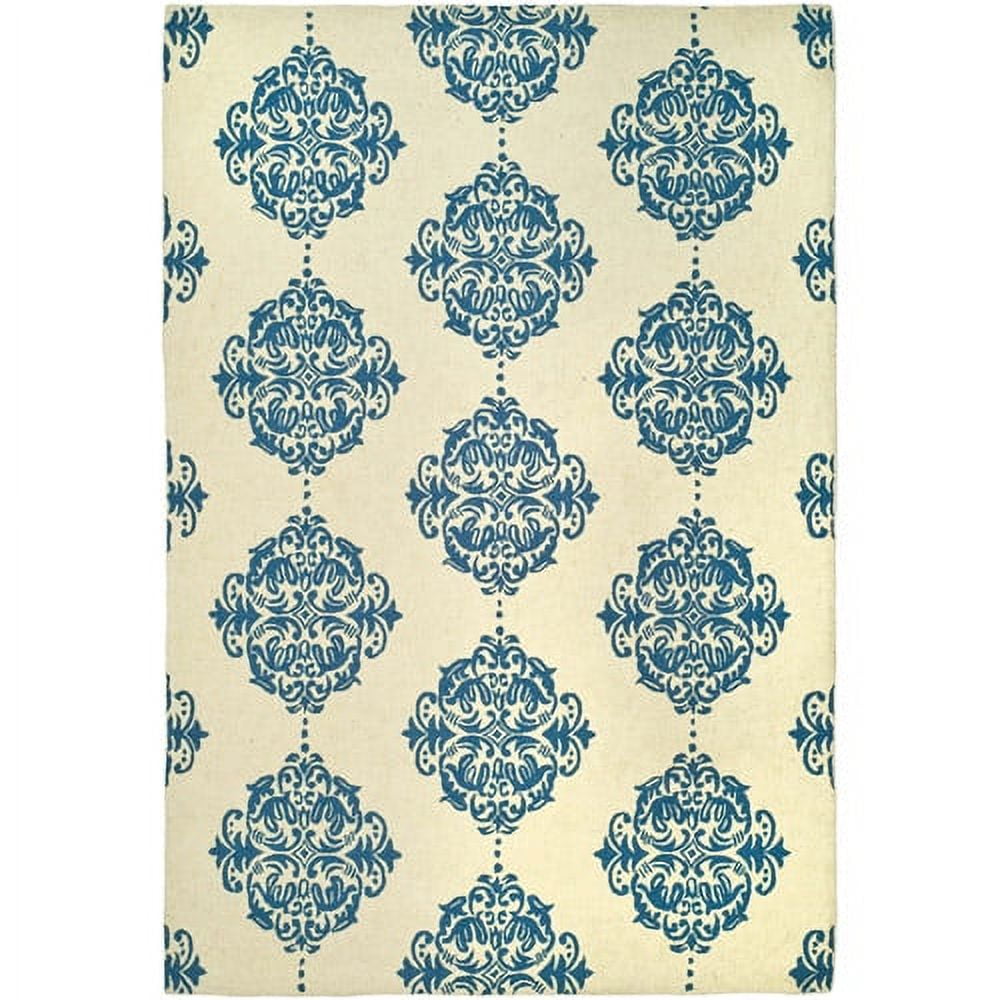 Ivory and Blue Floral Hand-Hooked Wool Area Rug 4' x 6'