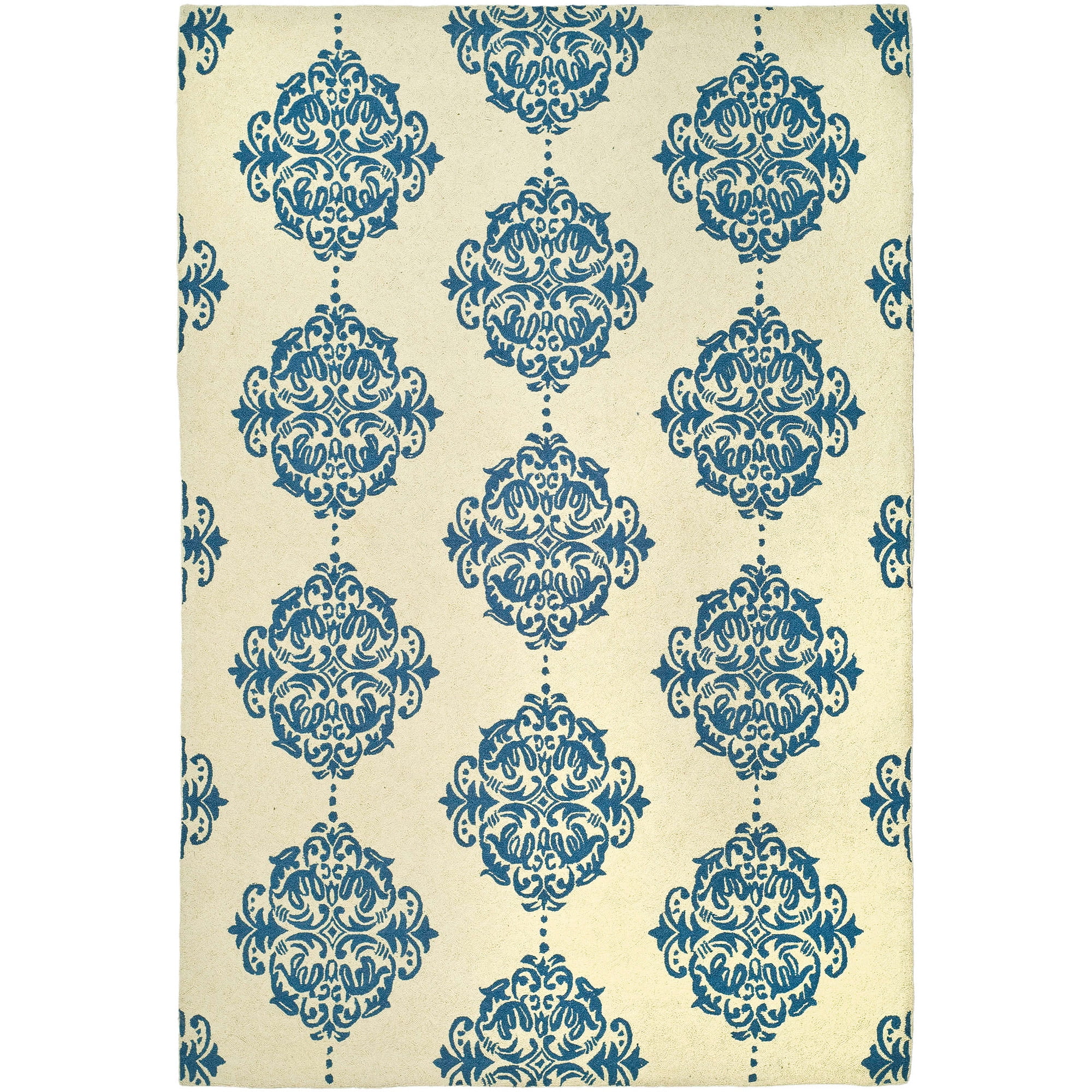 Ivory and Blue Floral Wool Rectangular Runner Rug