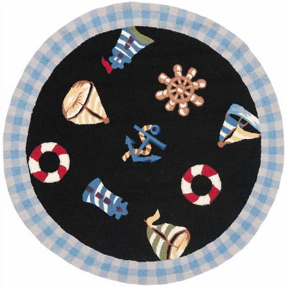 SAFAVIEH Chelsea Agatha Sea Lovers Wool Area Rug, Black, 4' x 4' Round