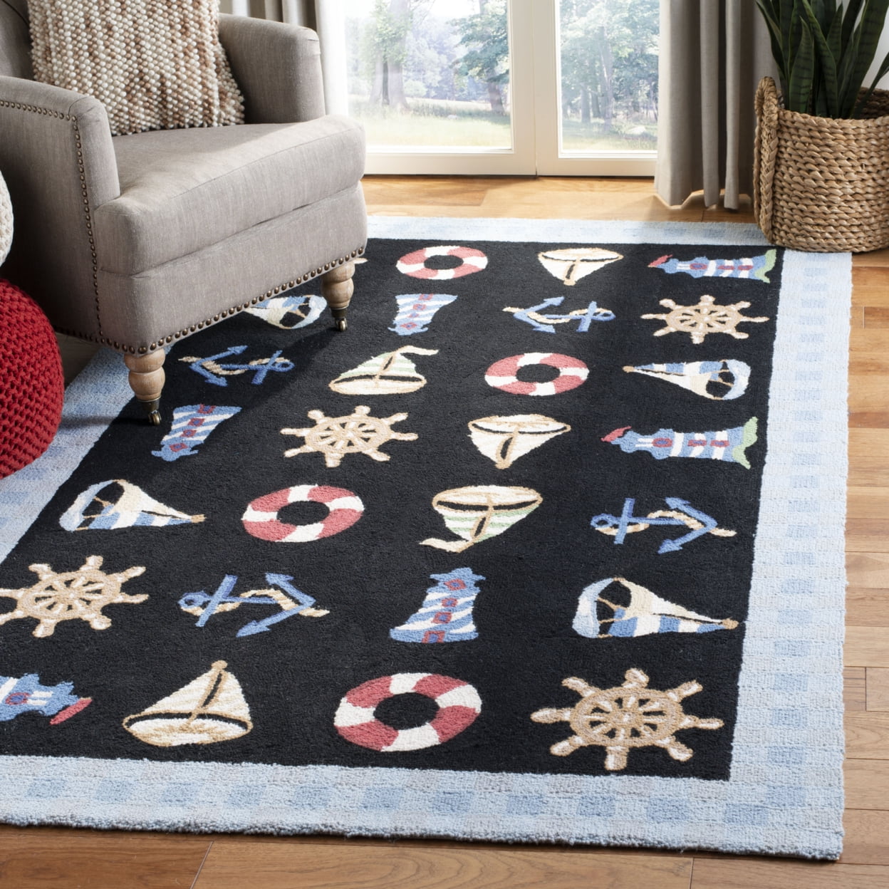 SAFAVIEH Chelsea Agatha Sea Lovers Wool Area Rug, Black, 7'9" x 9'9"