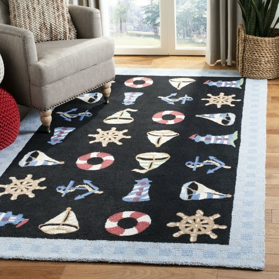 SAFAVIEH Chelsea Agatha Sea Lovers Wool Area Rug, Black, 8' x 8' Round
