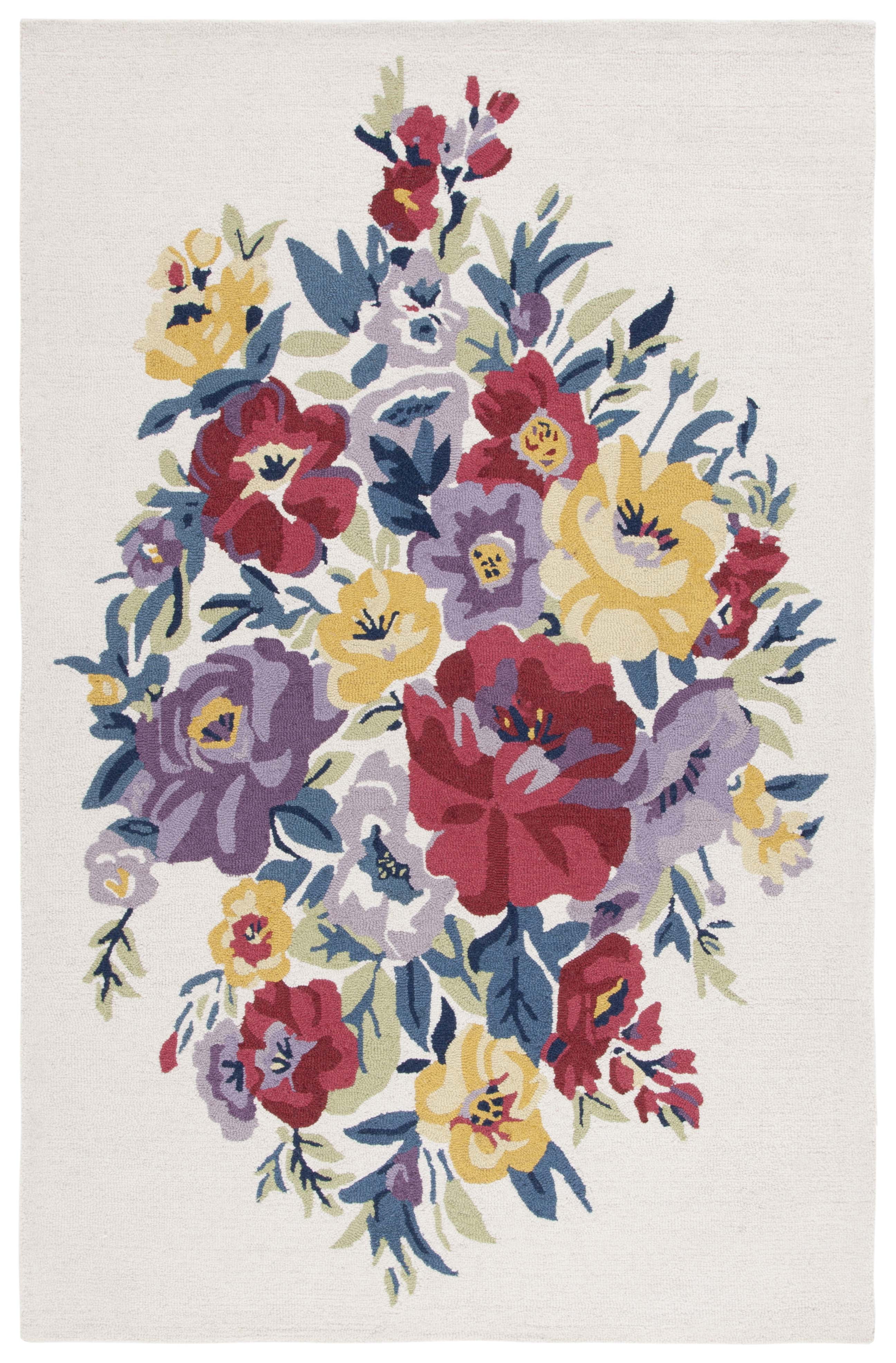 Ivory and Rose Floral Handmade Wool 5' x 8' Area Rug