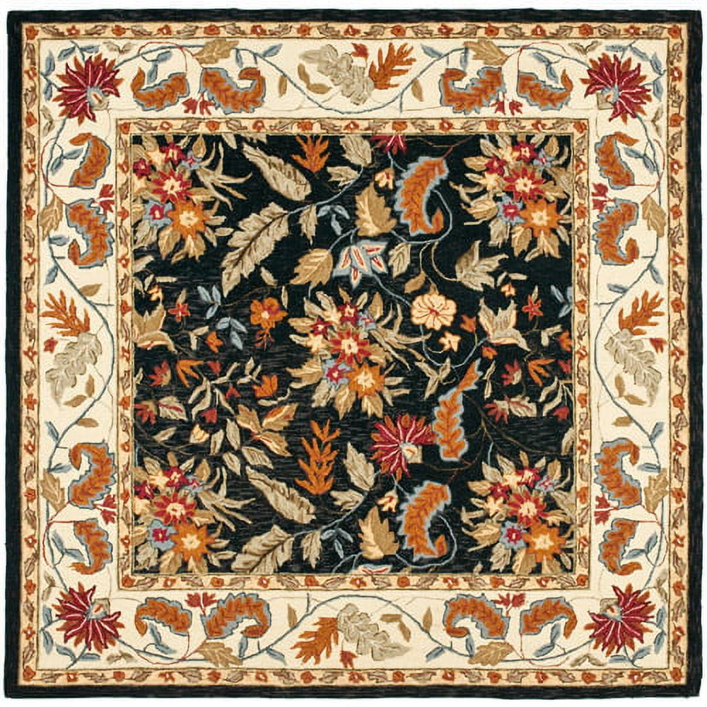 Black Floral Hand-Hooked Wool Area Rug with Ivory Border