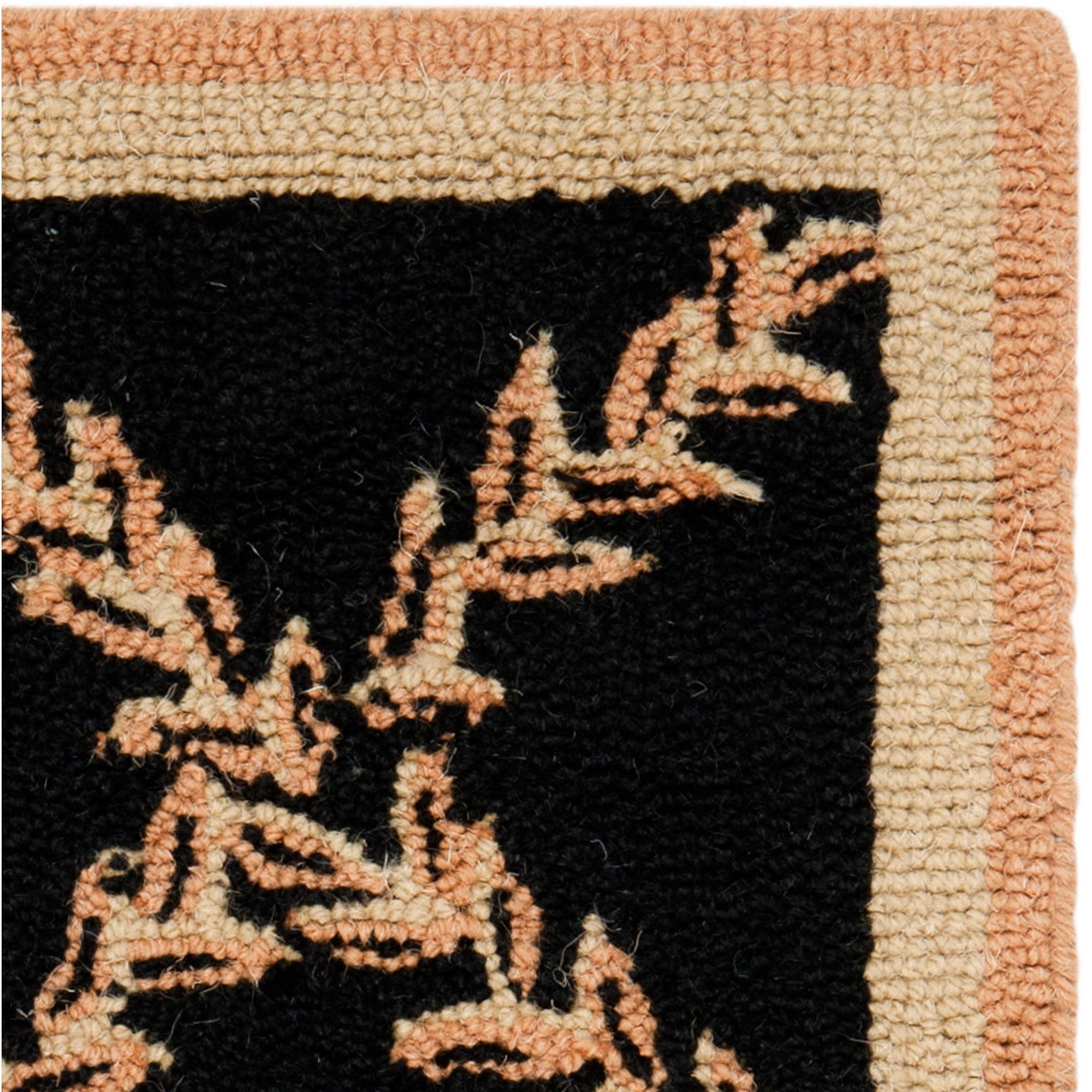 Handmade Black Floral Wool Area Rug with Edge Embellishment