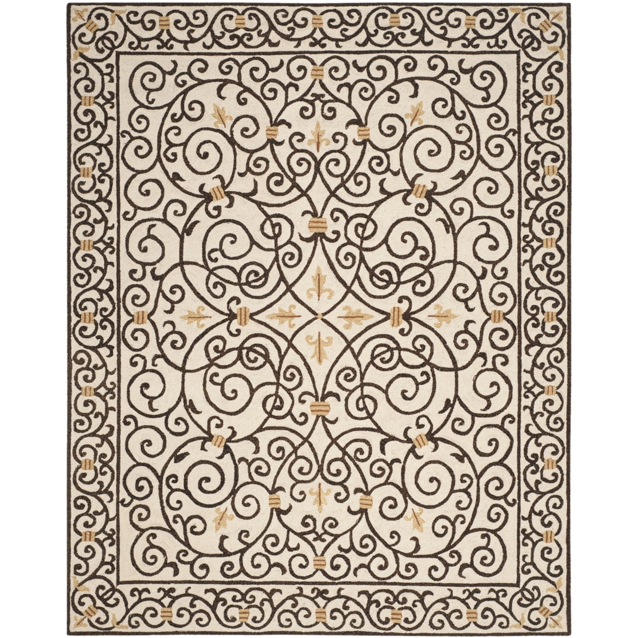 Ivory and Dark Brown Wool Hooked Area Rug, 2' x 8'