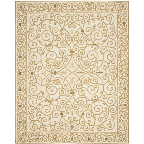 SAFAVIEH Chelsea Aragon Geometric Borders Wool Area Rug, Ivory/Gold, 3' x 3' Round