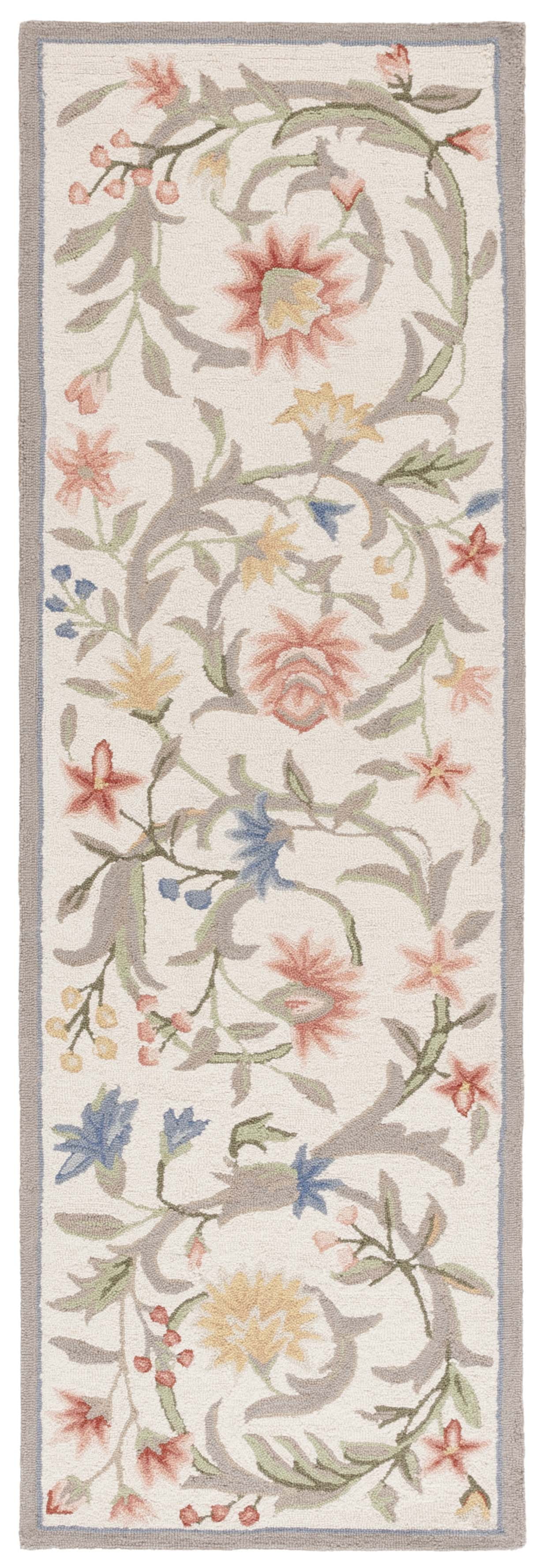Ivory Floral Hand-Hooked Wool Runner Rug, 2'6" x 18'