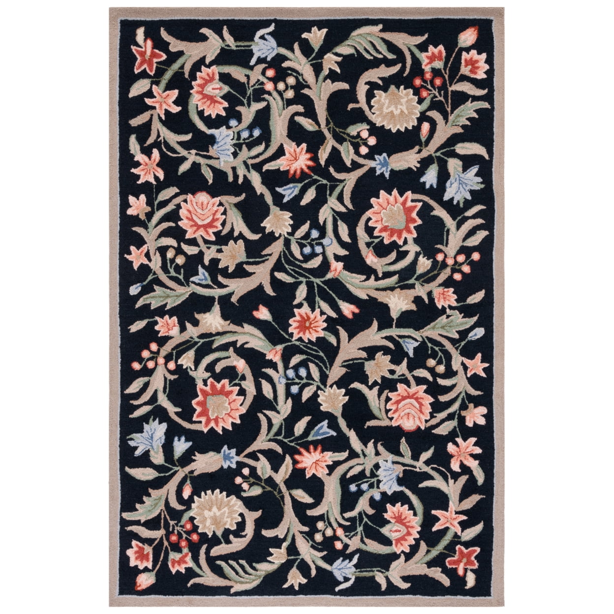 Handmade Chelsea Rectangular Black Floral Wool Rug 63"