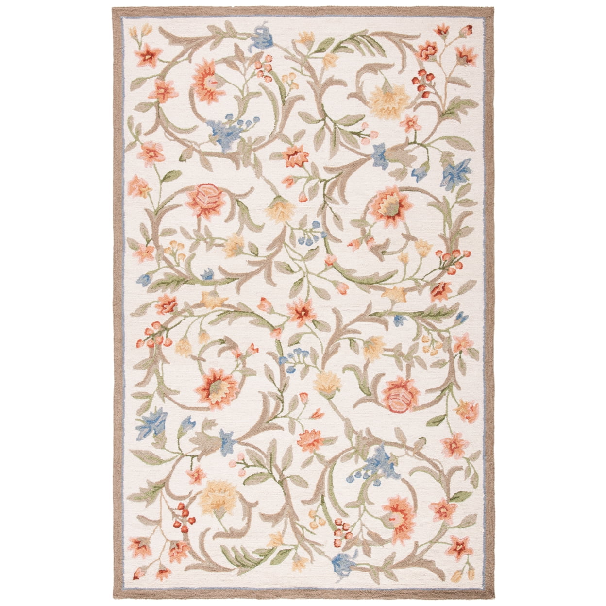Ivory Floral Hand-Knotted Wool Round Area Rug