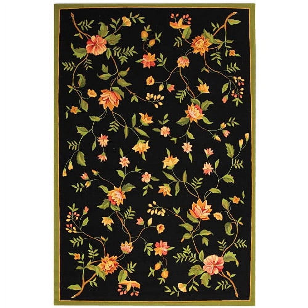 Handmade Black Floral Wool Accent Rug