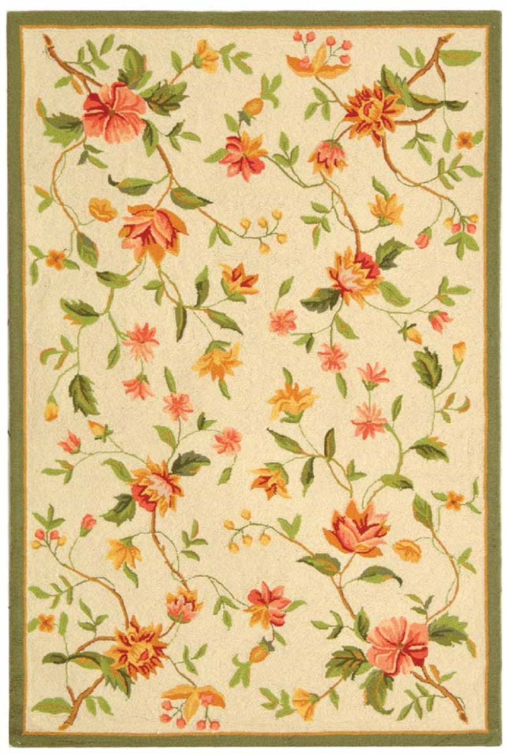 Ivory Floral Hand-Hooked Wool Area Rug, 3'9" x 5'9"