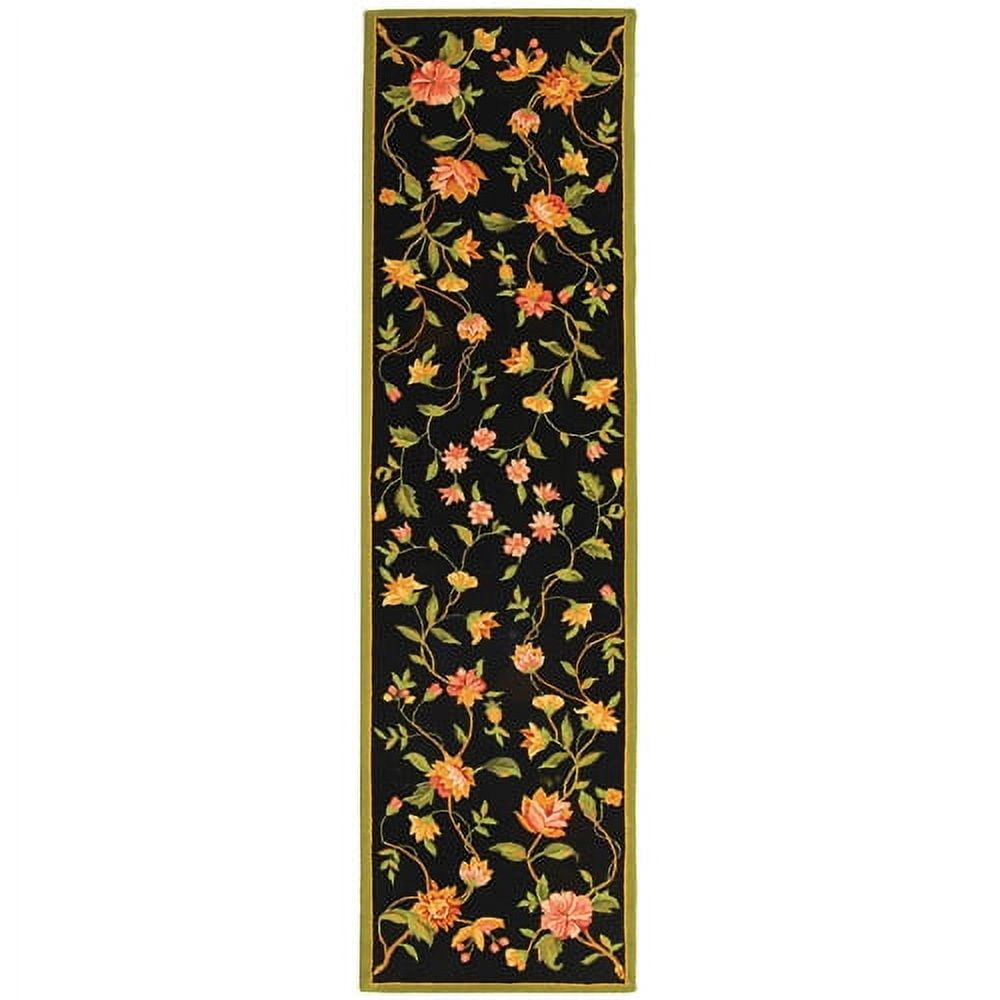 Handmade Black Floral Wool Runner Rug, 2'6" x 10'