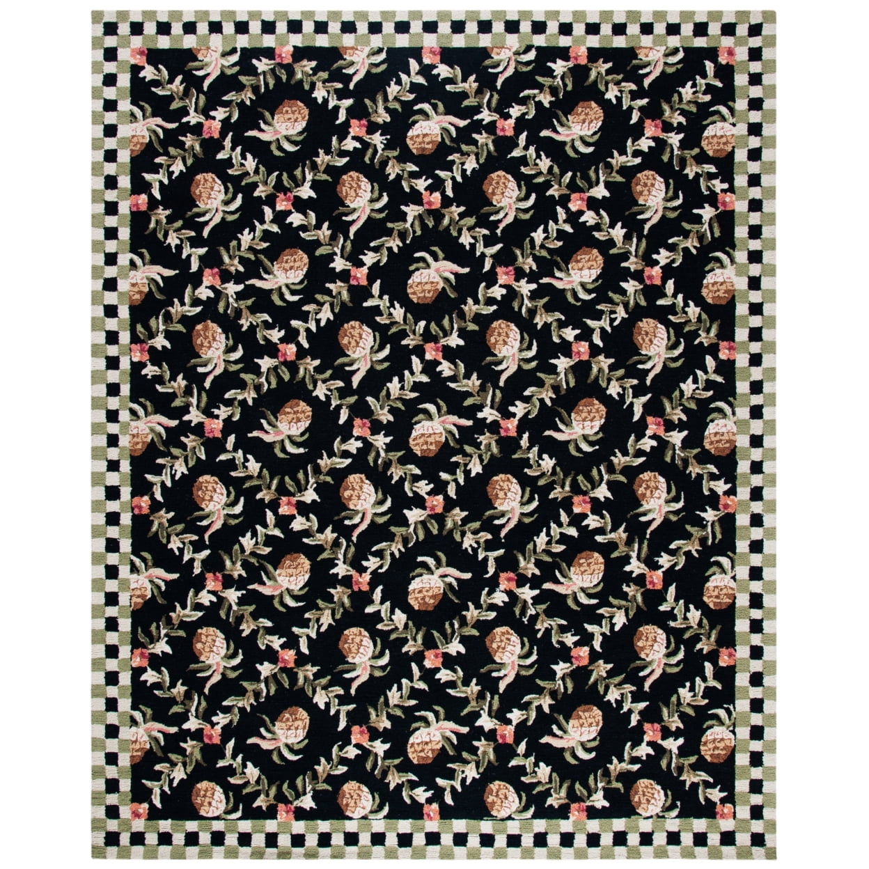 Handmade Ivory and Black Floral Wool Round Area Rug