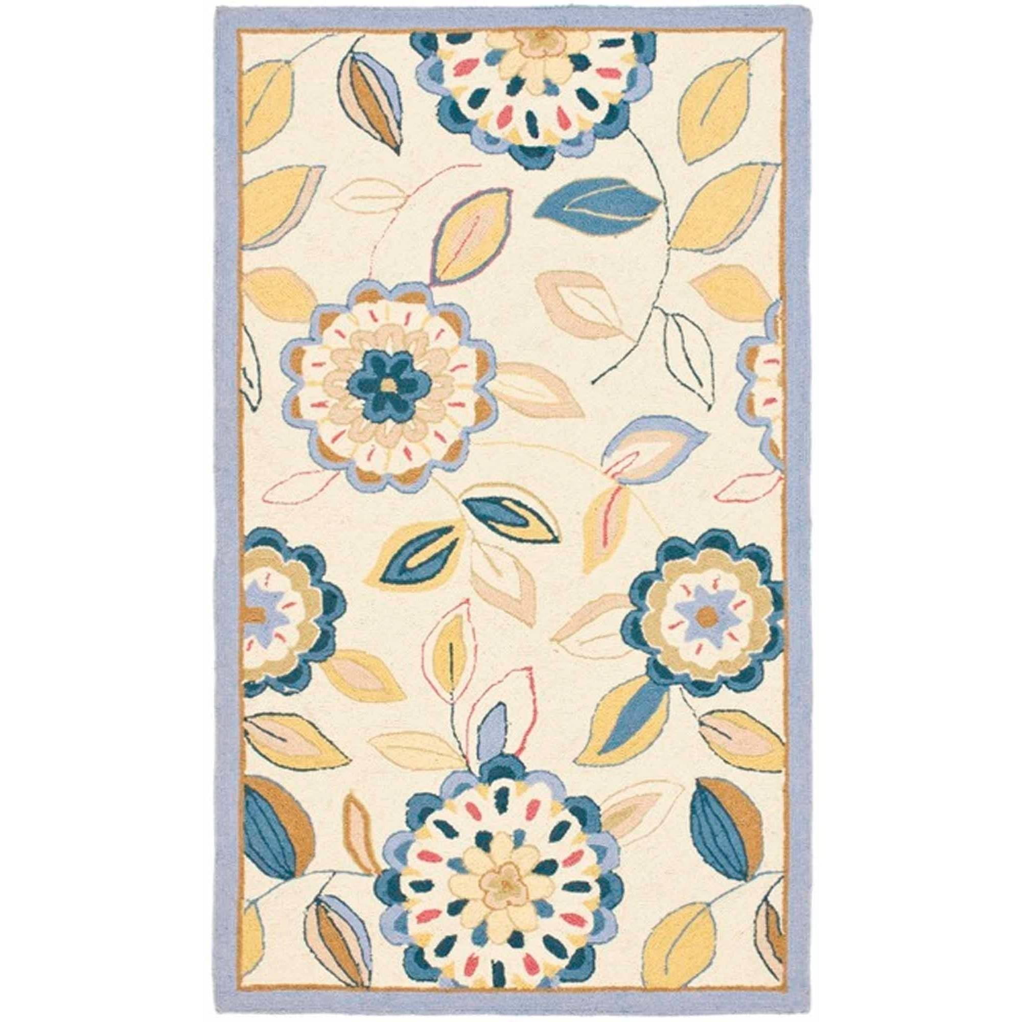 Ivory and Blue Floral Hand-Hooked Wool Circle Area Rug
