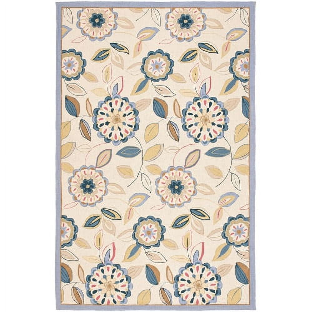 Ivory and Blue Floral Hand-Knotted Wool Area Rug