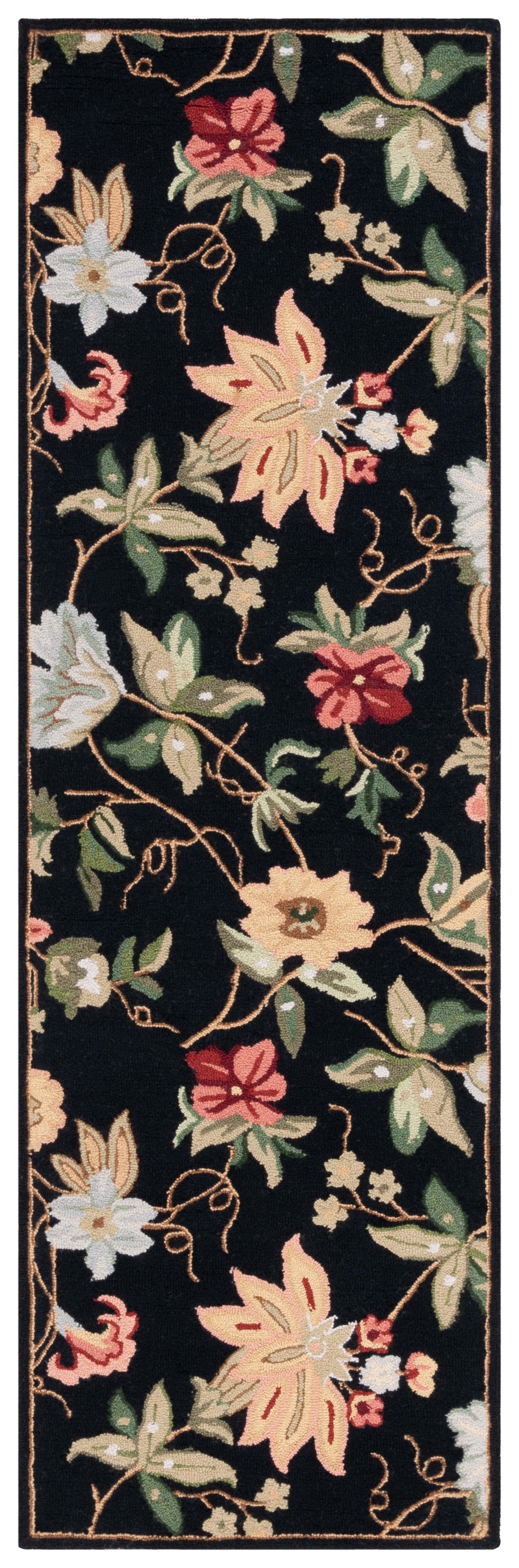 Black Floral Handmade Wool and Cotton Runner Rug