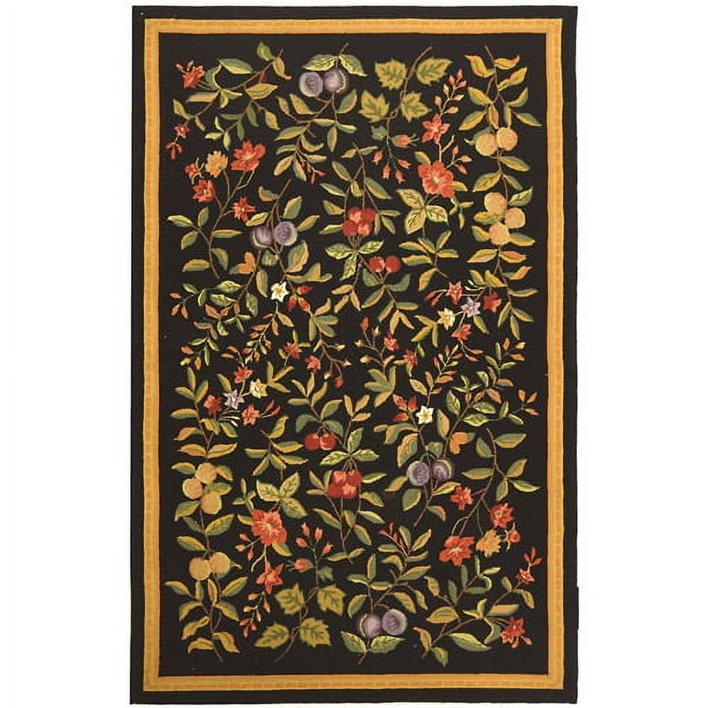 Black Floral Hand-Hooked Wool Small Rug