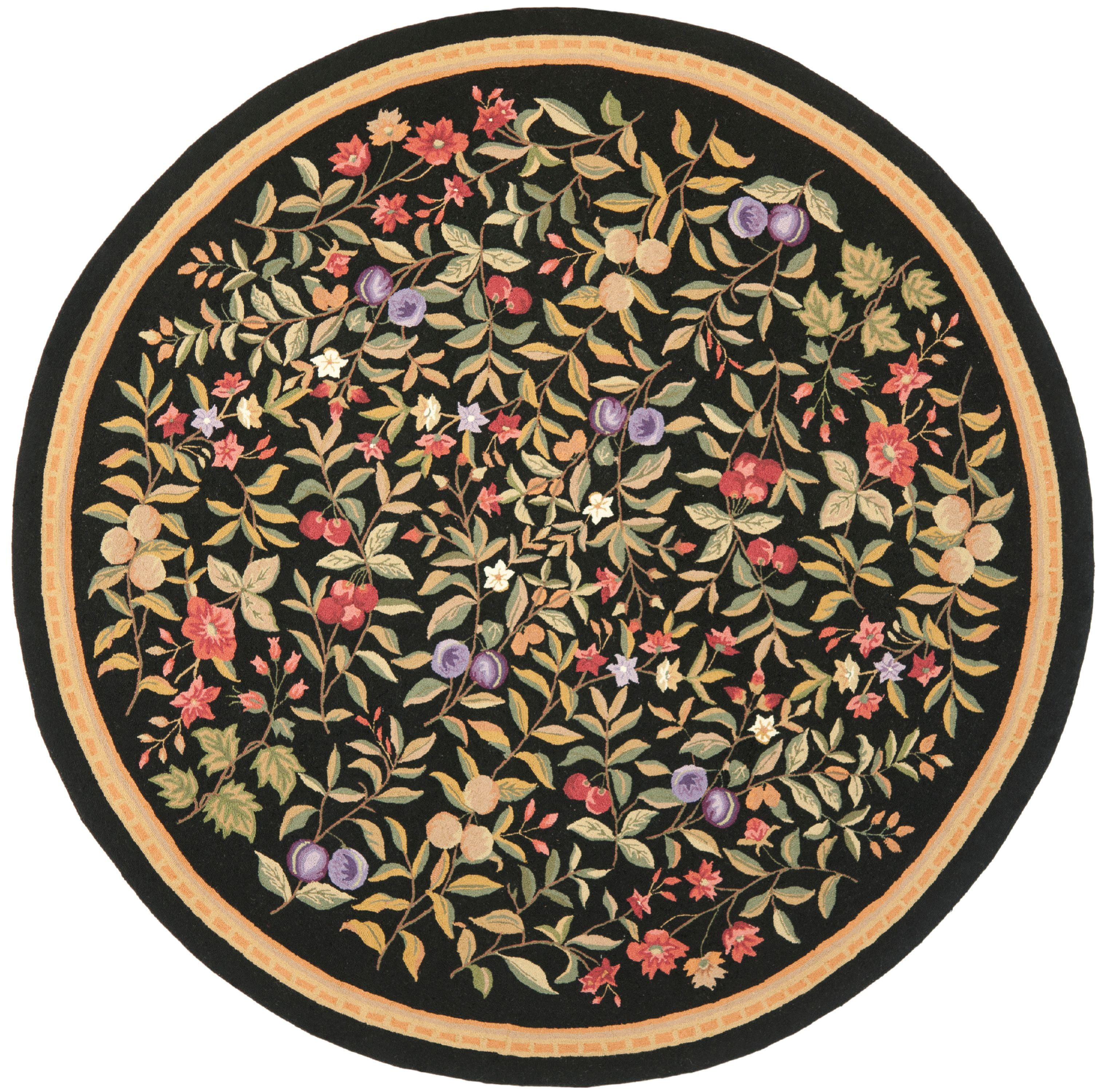 Black Floral Hand Hooked Wool Round Rug, 8'