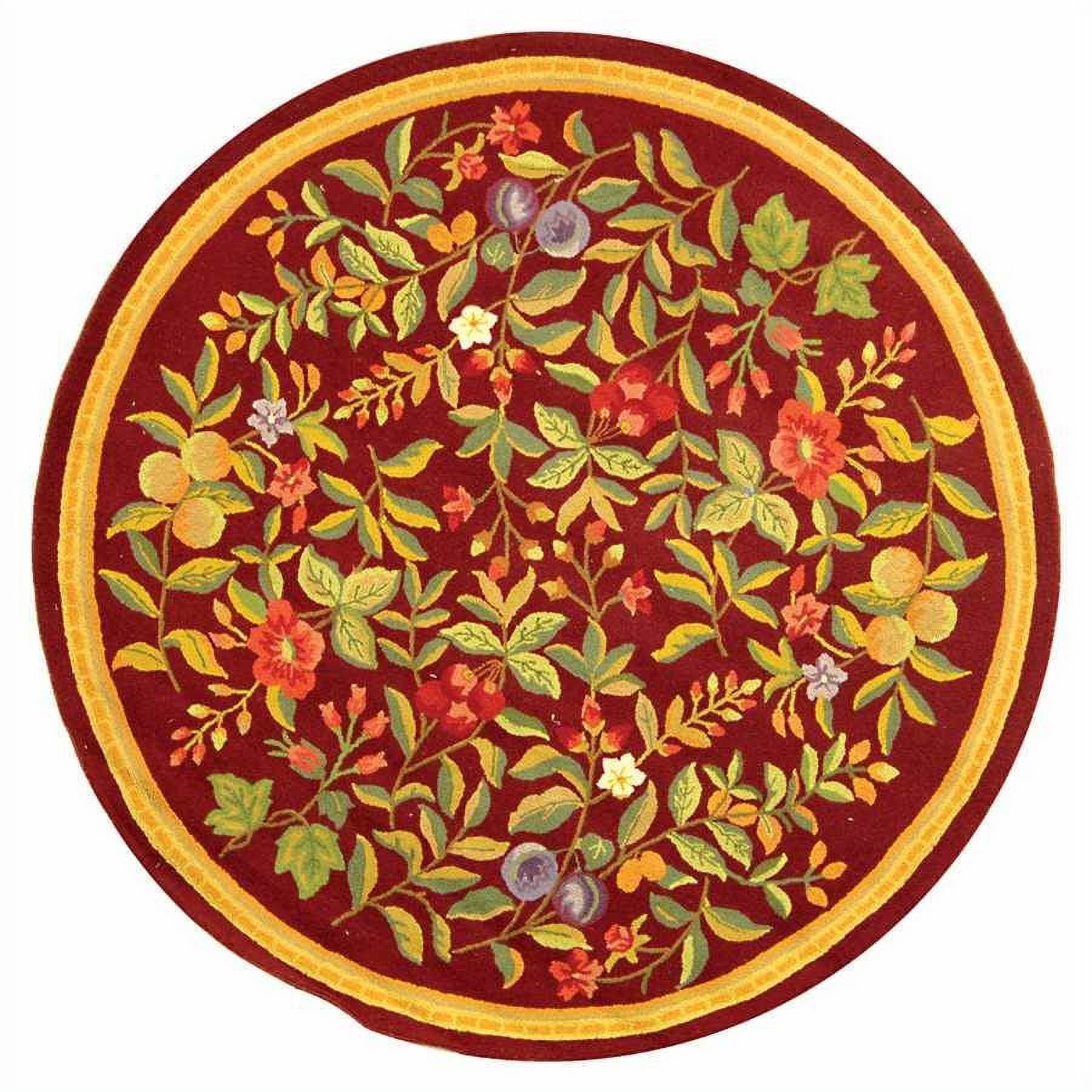 Handmade Burgundy Floral Wool Round Area Rug, 5'6"