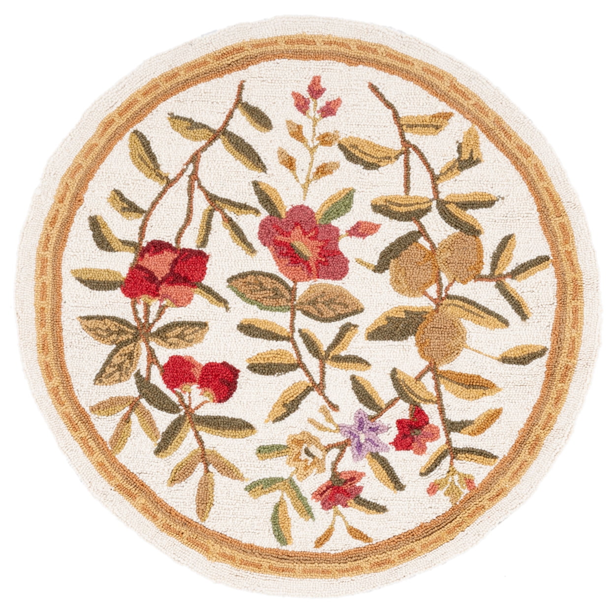 Ivory Floral Elegance Round Wool Rug 3' Hand-Knotted