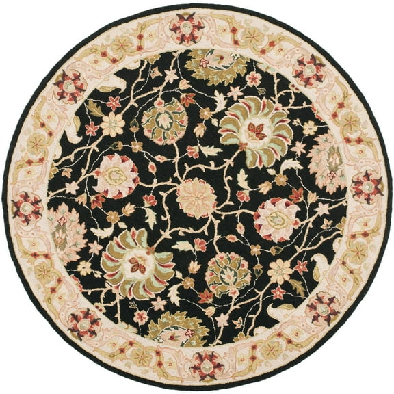SAFAVIEH Chelsea Dashiell Floral Bordered Wool Area Rug, Black/Beige, 5'6" x 5'6" Round