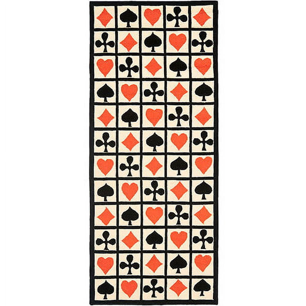Ivory and Black Wool Poker Design Runner Rug