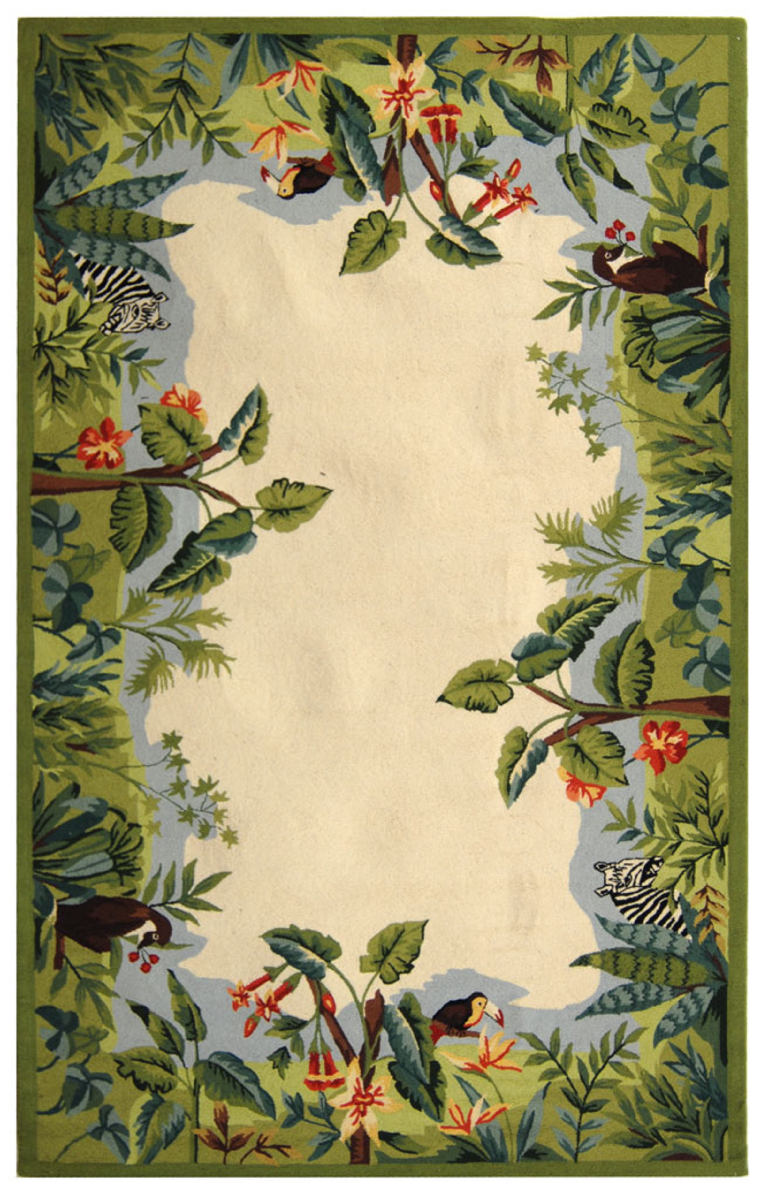 Handmade Rectangular Beige and Green Wool Area Rug