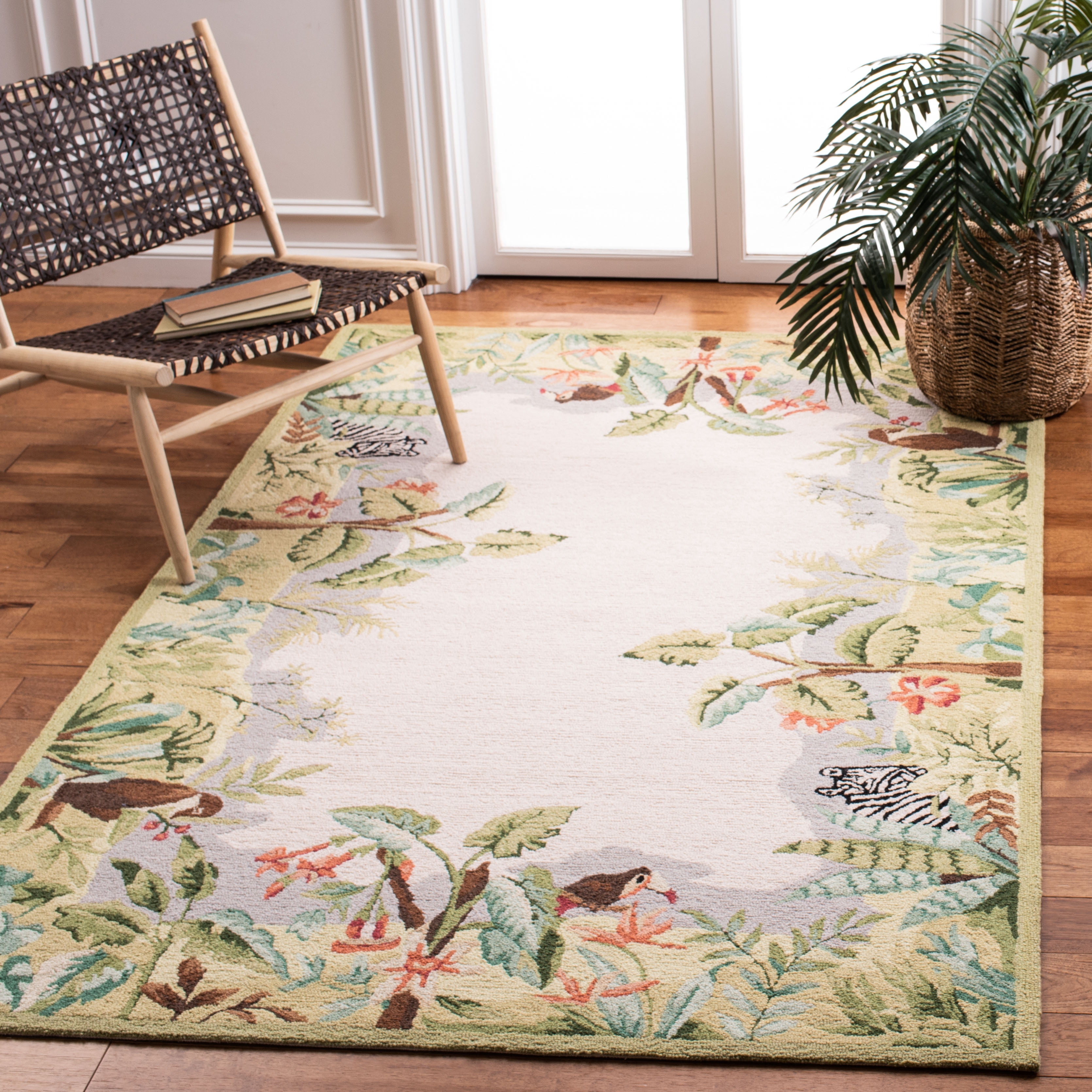 Beige and Green Floral Wool Hand-Hooked Area Rug