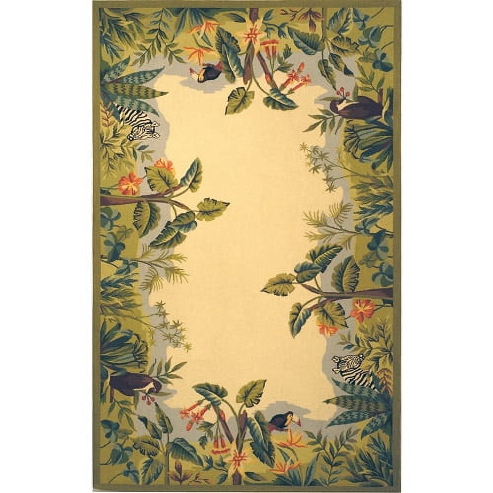 Handmade Round Beige and Green Floral Wool Area Rug