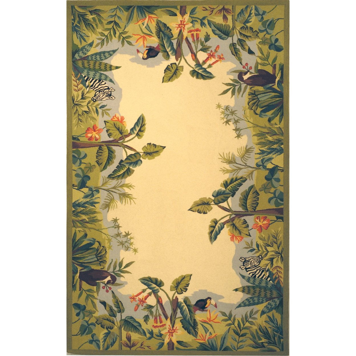 Handmade Beige and Green Wool Floral Rectangular Area Rug