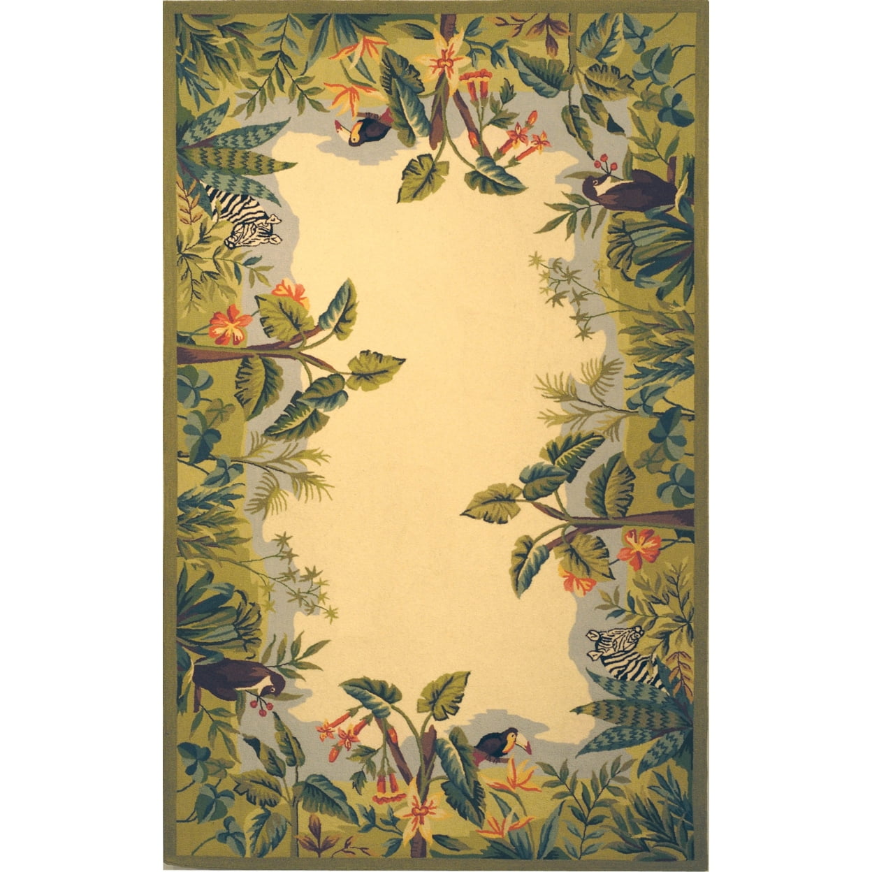 Handmade Beige and Green Wool Floral Rectangular Area Rug