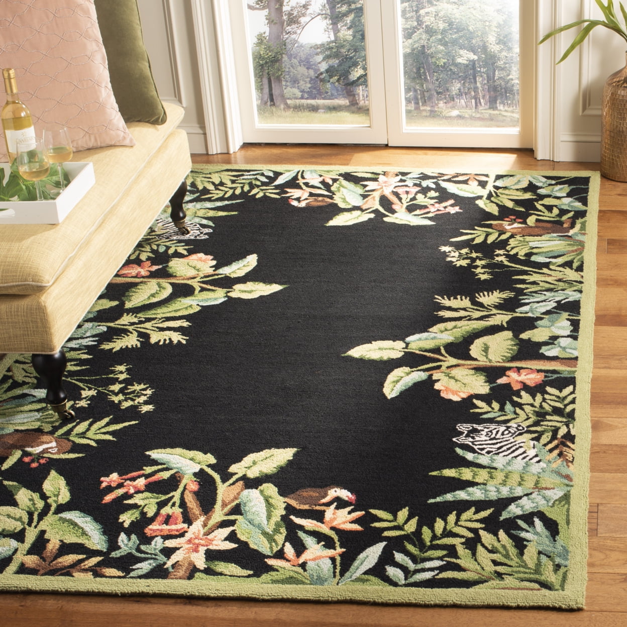 Handmade Round Black and Green Wool Floral Area Rug 66"