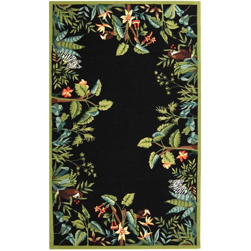 Handmade Black Floral Wool 6' x 9' Rectangular Rug