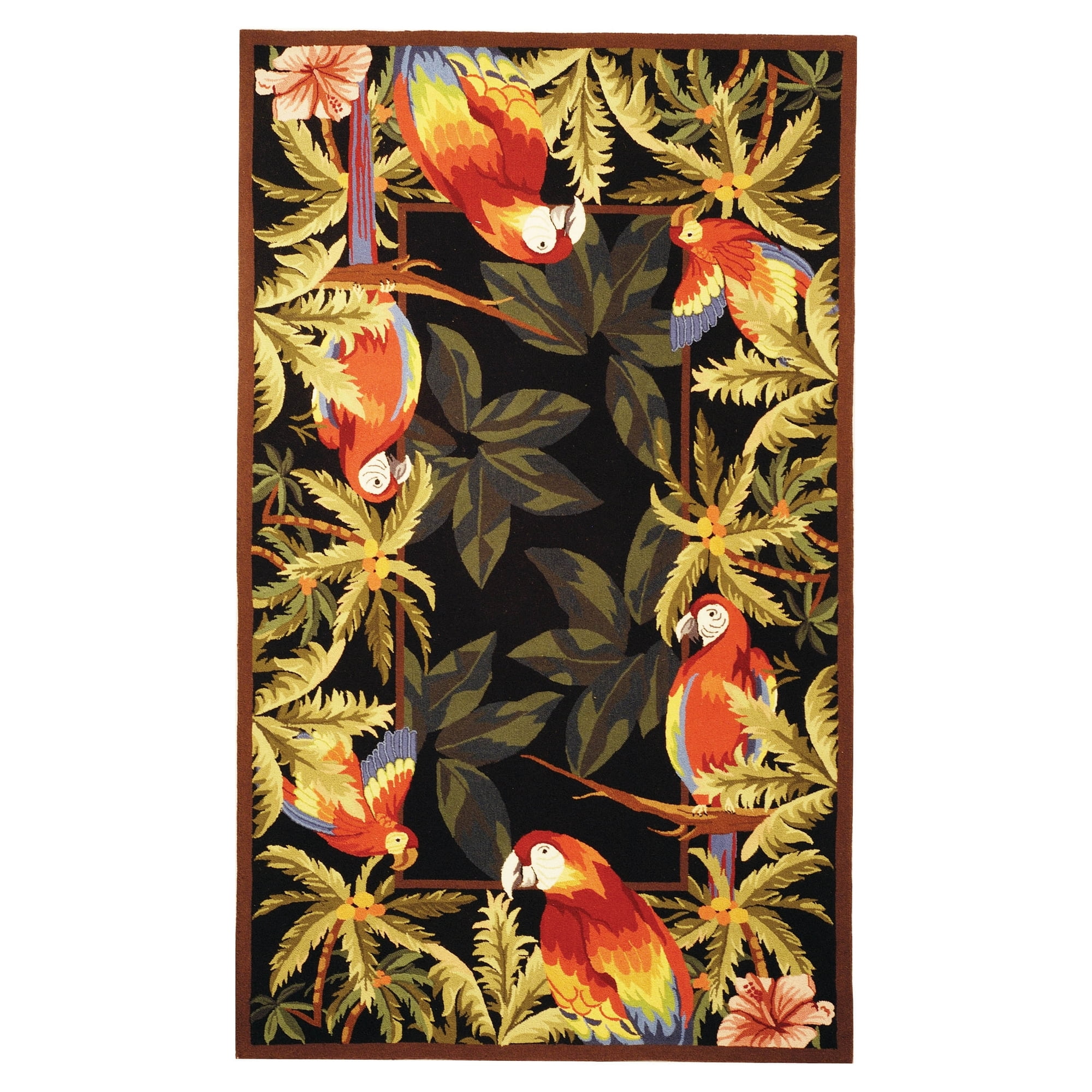 Handmade Black Floral Wool Area Rug with Parrot Design
