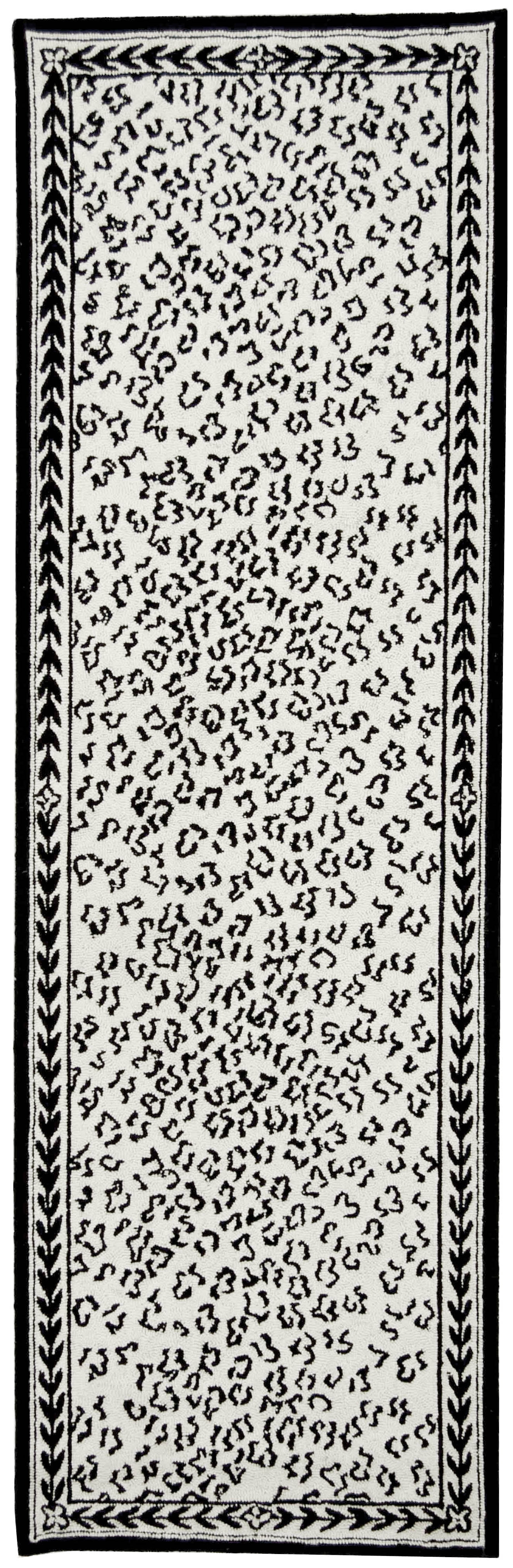 White and Black Floral Hand-Knotted Wool Runner Rug