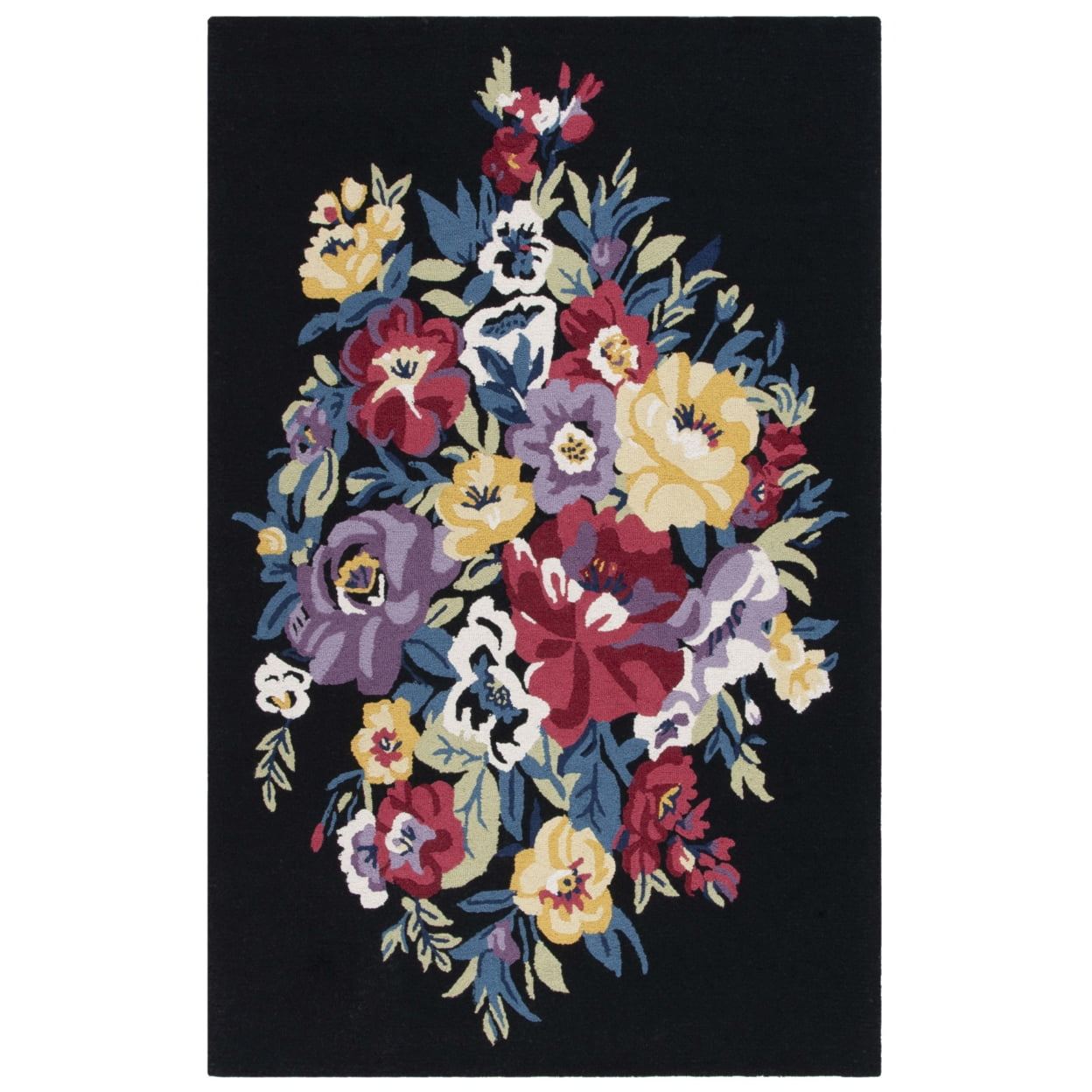 White and Black Hand-Knotted Wool Floral Runner Rug