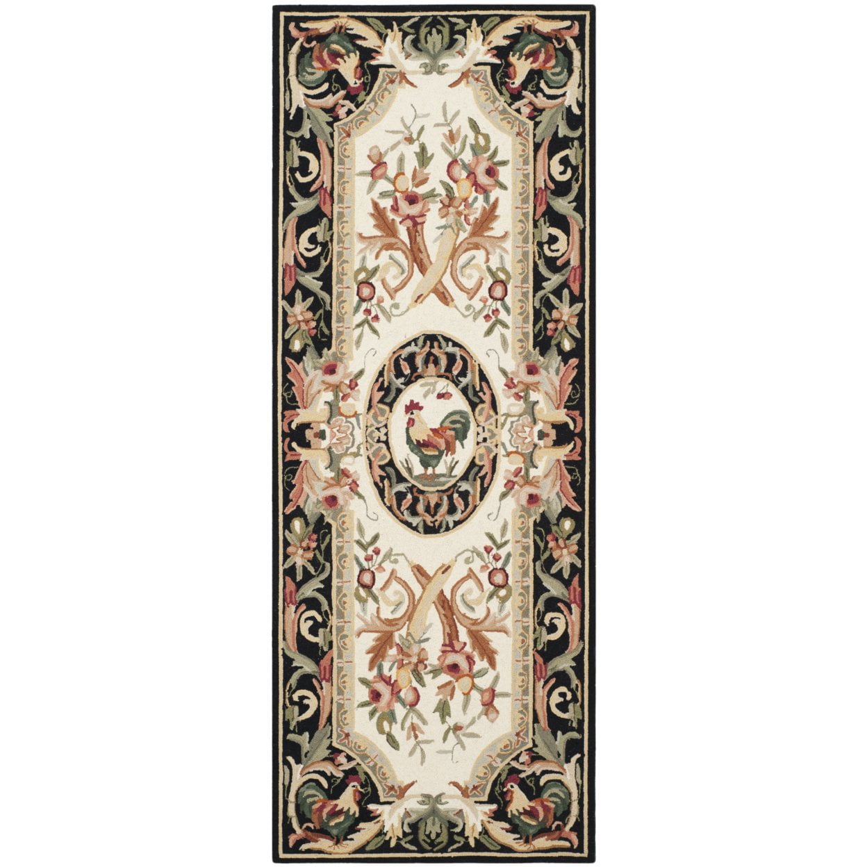 Ivory and Black Hand-Knotted Floral Wool Area Rug