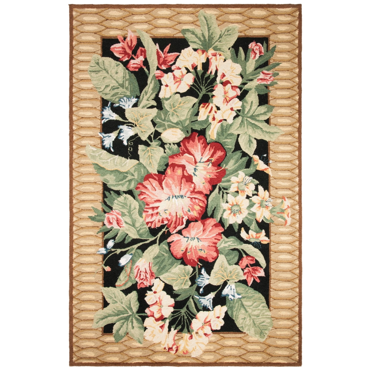 Handmade Black Floral Wool Area Rug 3'9" x 5'9"