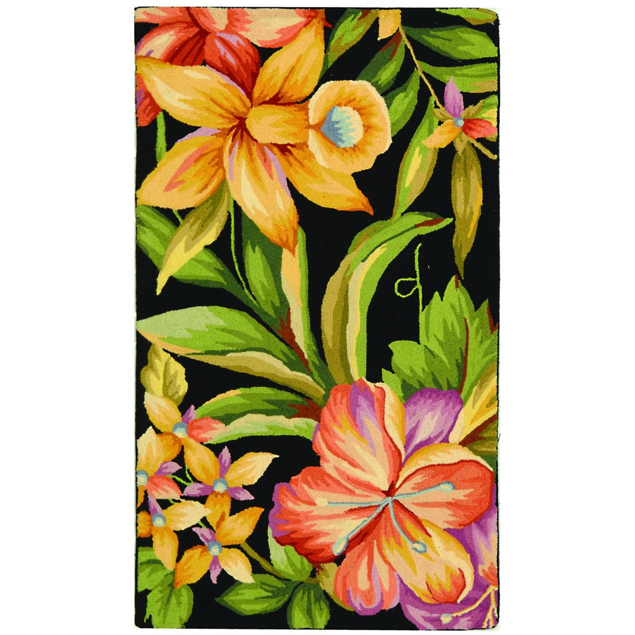 Black Floral Hand Hooked Wool Area Rug, 12' x 15'