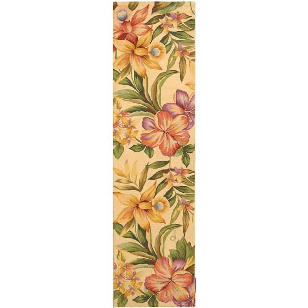 Ivory Floral Hand-Hooked Wool Area Rug, 2'6" x 8'