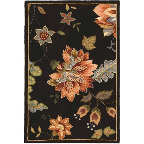 Elegant Floral Black Wool Hand-Knotted Area Rug - 2'9" x 4'9"
