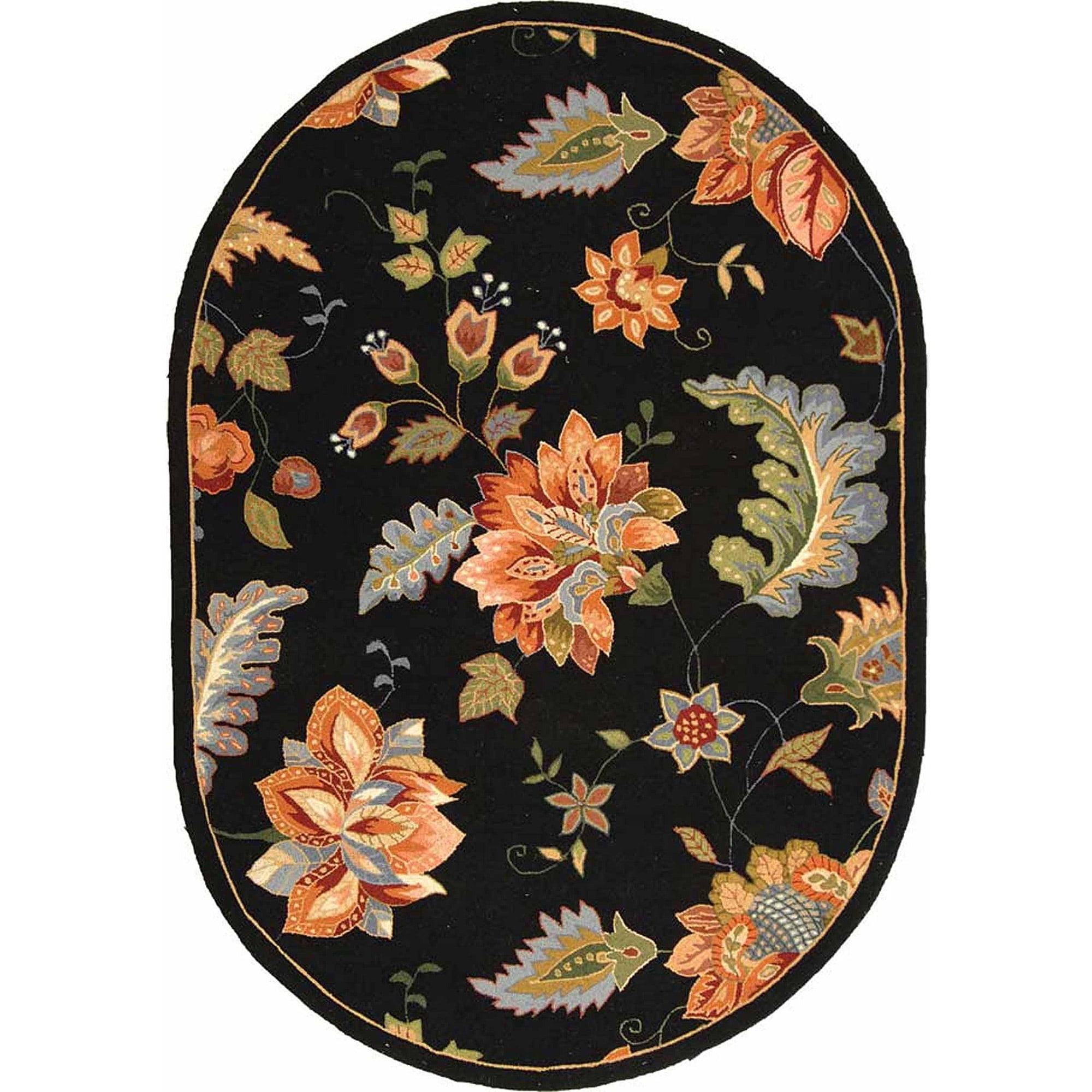 Black Floral Hand-Knotted Wool Oval Area Rug