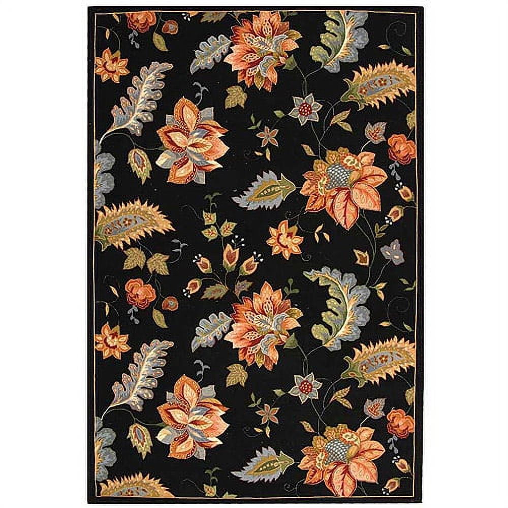 Black Floral Hand-Hooked Wool Area Rug 8'9" x 11'9"